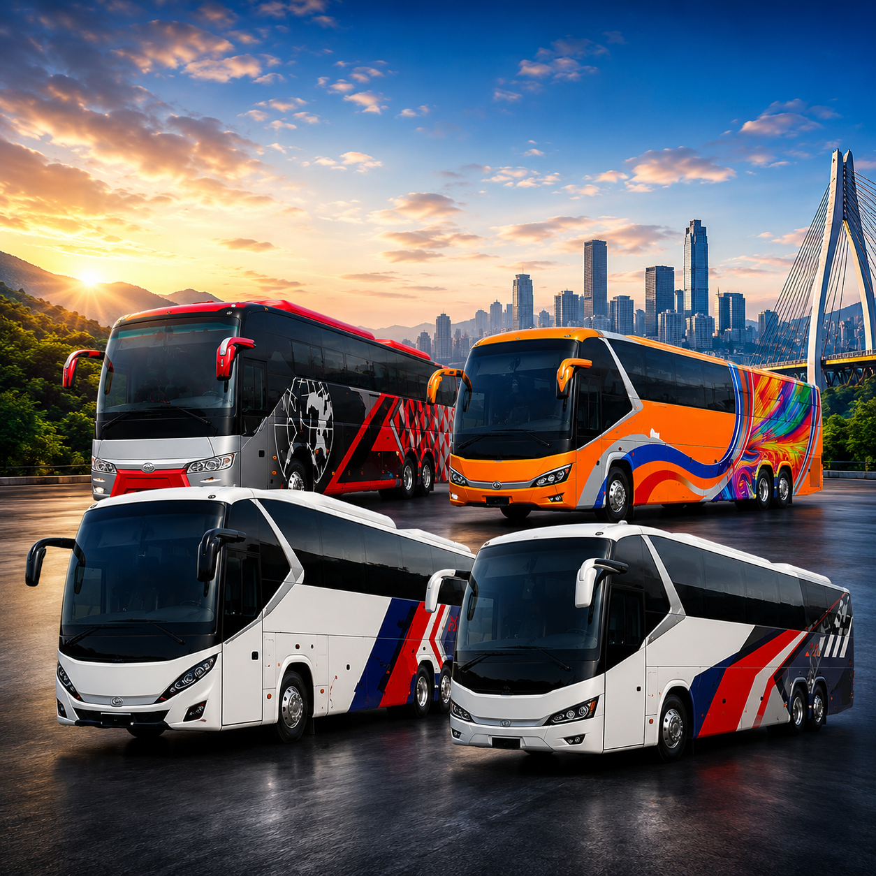 EBus Booking Ticket - Comfortable luxury coach bus traveling through beautiful East African countryside with mountains and green landscapes